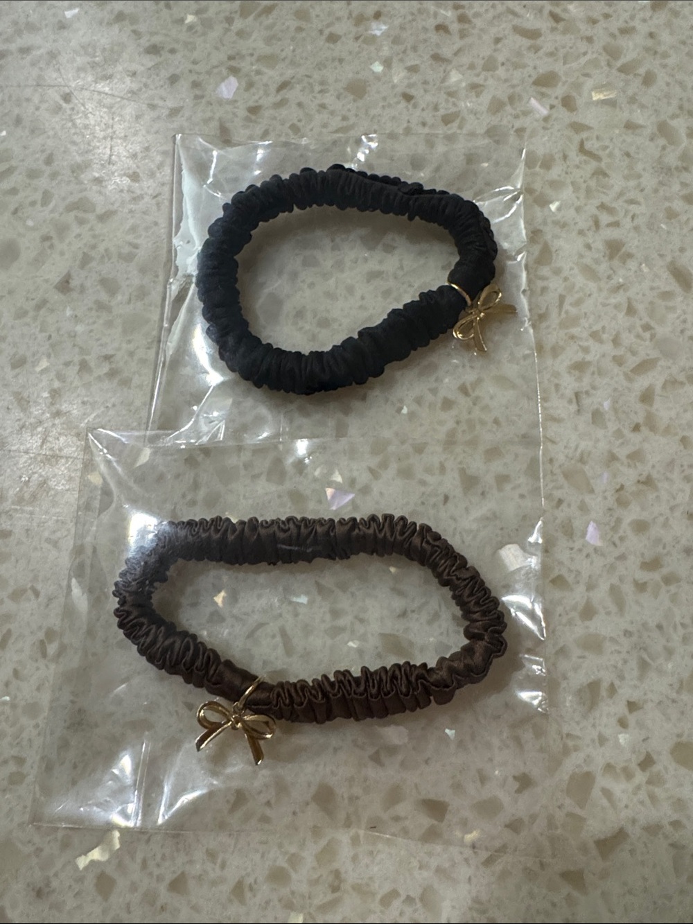 Black and Brown Scrunchie Hair Ties Set with Gold Bow Charm